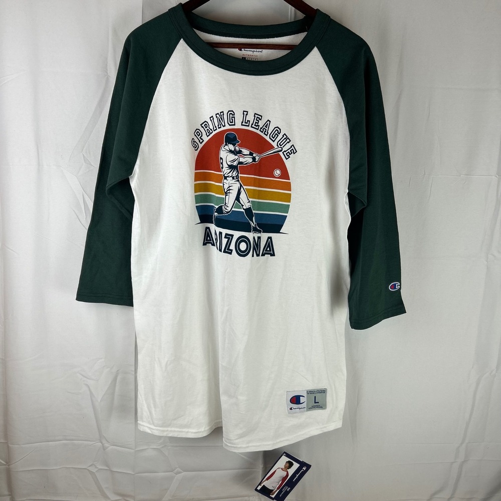 Champion Raglan‎ T-Shirt Mens Large White Green Arizona Spring League T137